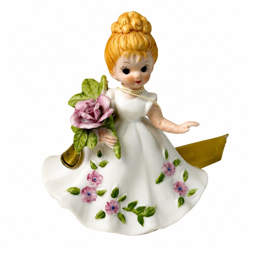 Vintage June Birth Month Girl Porcelain Figurine Rose Flower Pink White 4.25in
